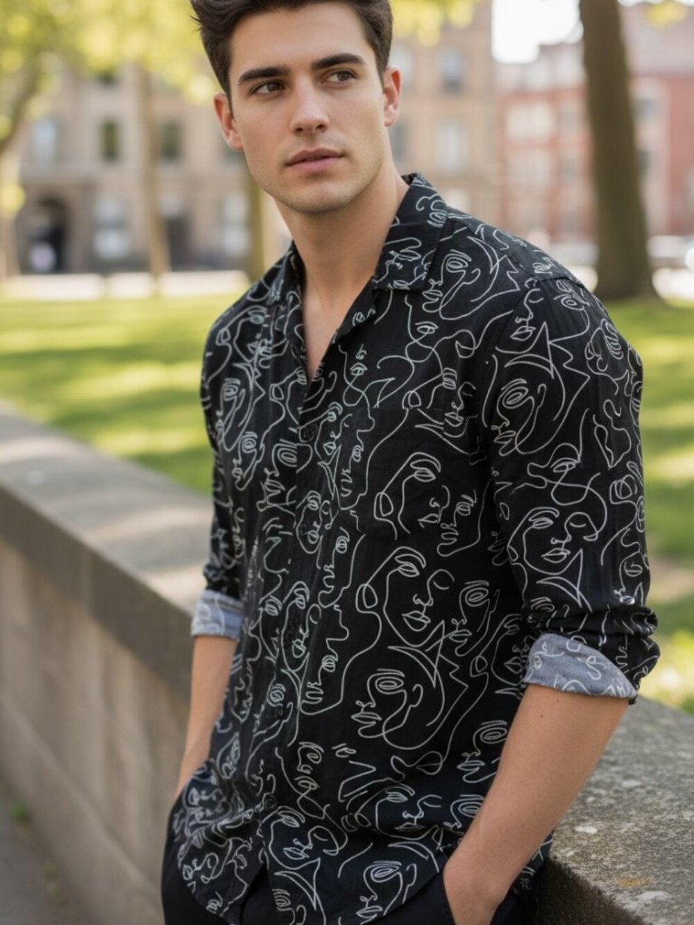 YoungLA Men's Long Sleeve Button Up Shirt XL Black White Abstract Face Line Art